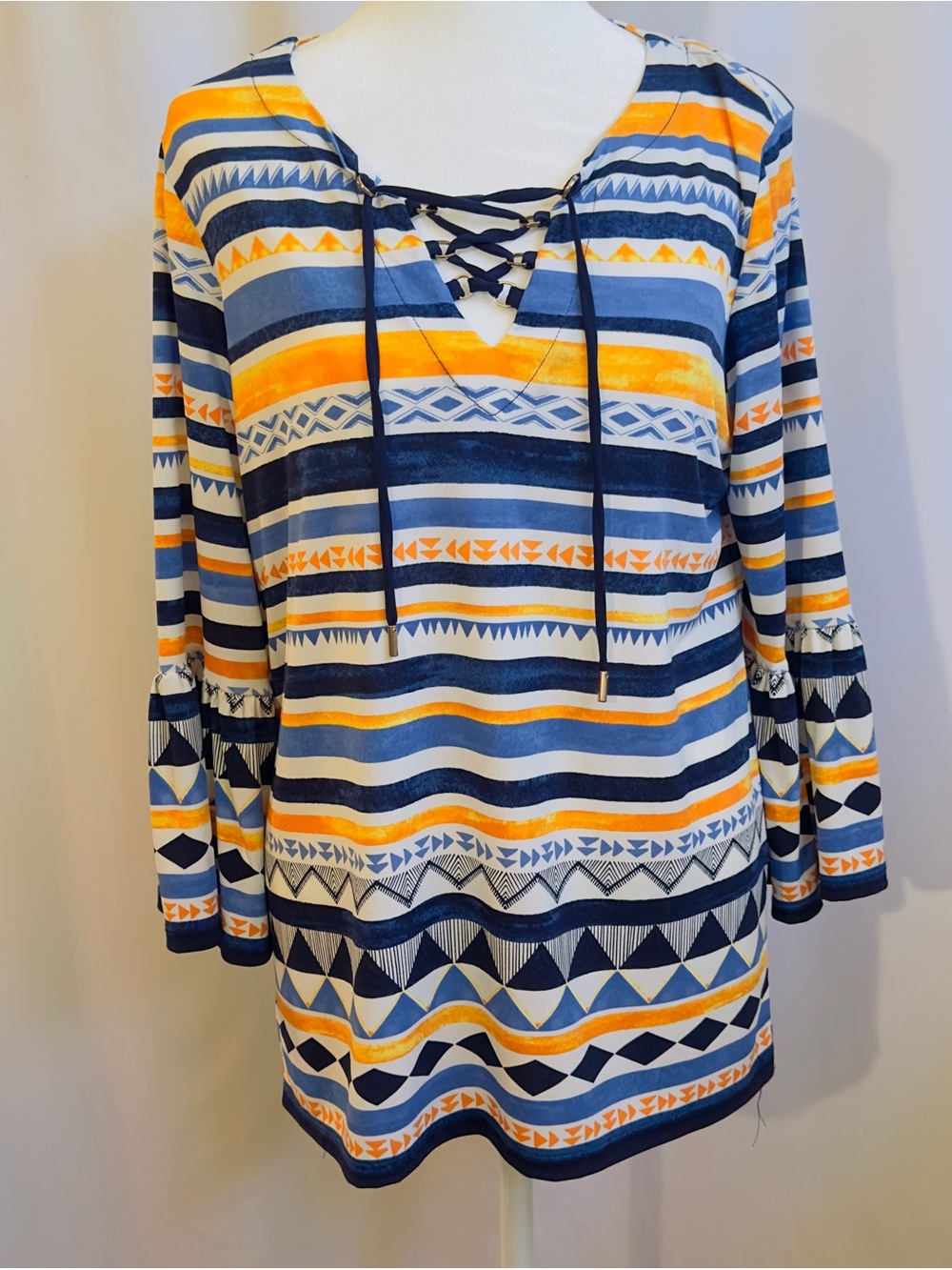 Ruby Road Multicolored Stripe Woman's Tunic Pullon Top 3/4 Sleeve Bell Sleeve L